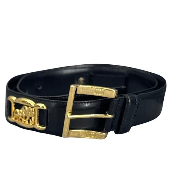 St John Black Rare Vintage Black Leather Gold Elephant Medallion Belt Women 32" - Picture 1 of 9